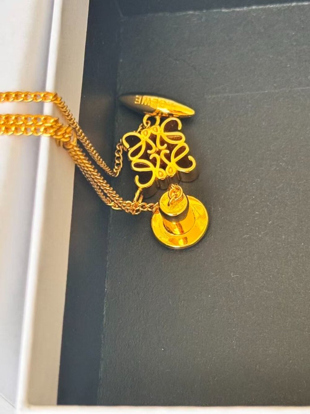 LOEWE Gold Tone Anagram Pendant Necklace Chain Minimalist Luxury - Picture 5 of 9